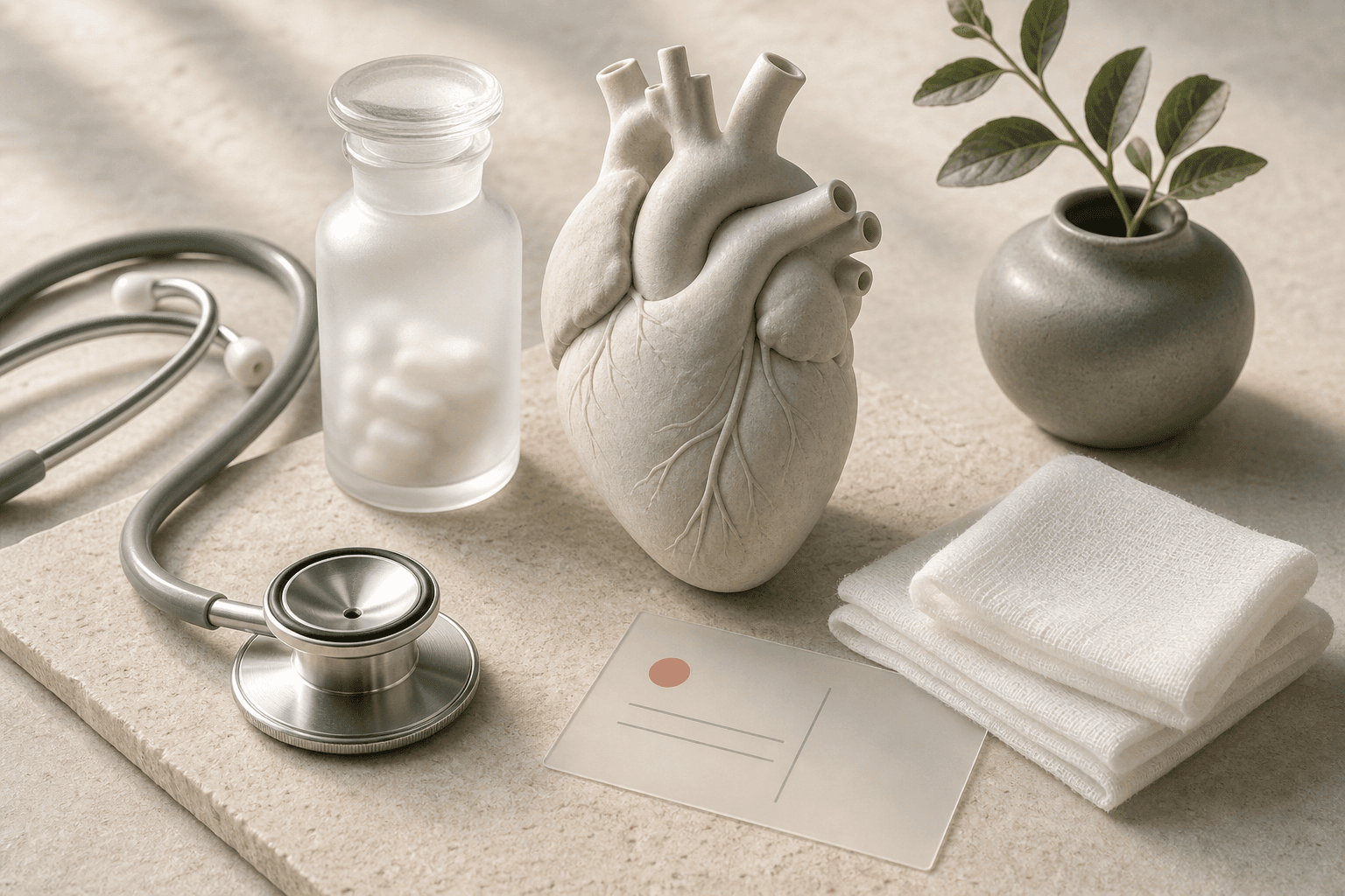 Anatomical heart model, stethoscope and care essentials in soft natural light