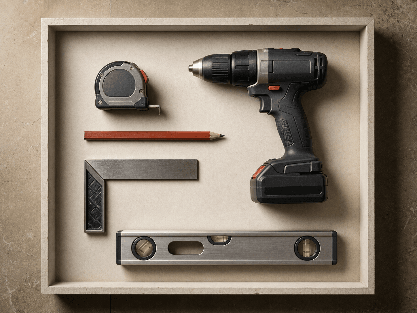 Construction tools thoughtfully arranged in a warm neutral display