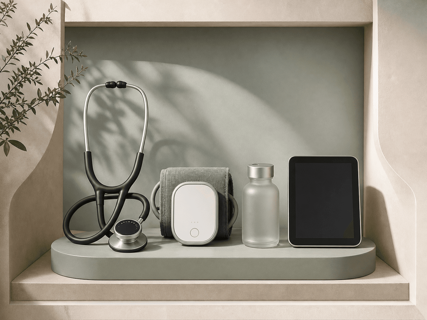 Healthcare instruments arranged in a calm, sage-toned display