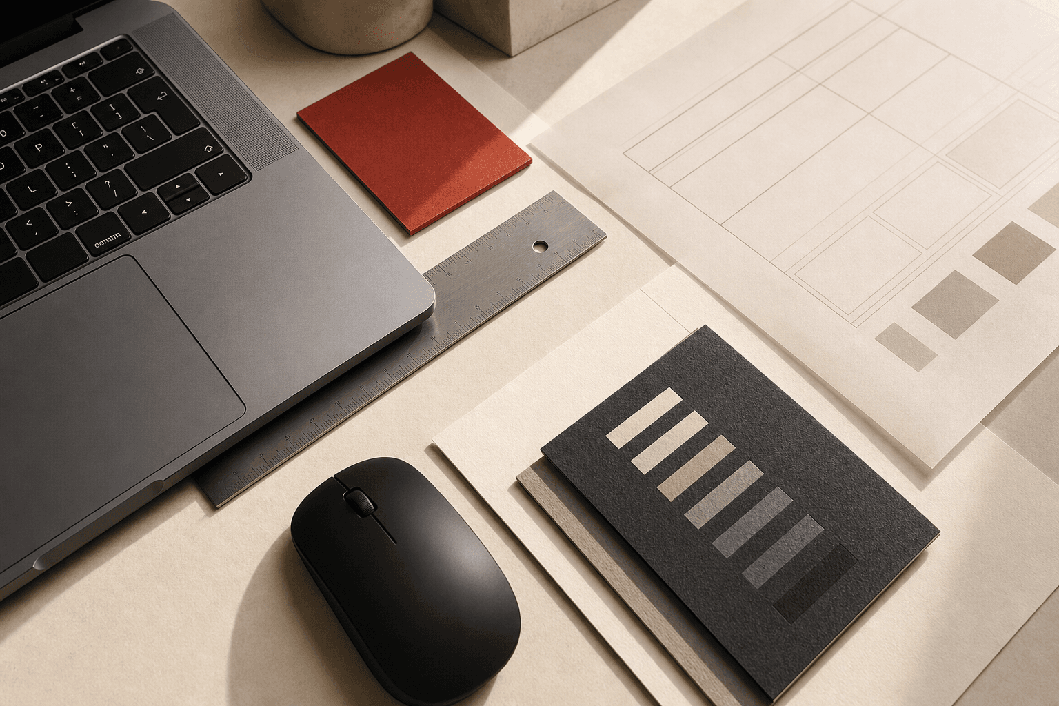A design desk with architectural drawings, colour samples and a laptop