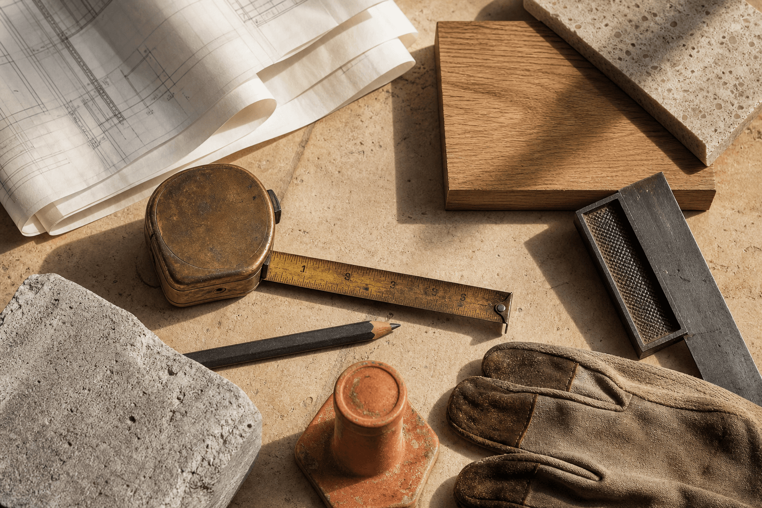 Architectural plans, timber samples and tools reflecting the craft of construction